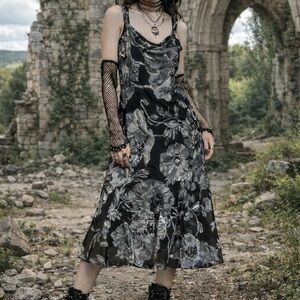 Black Floral Slip Midi Dress Chiffon Sequin Romance Whimsigoth Dark Fairy Y2K 90